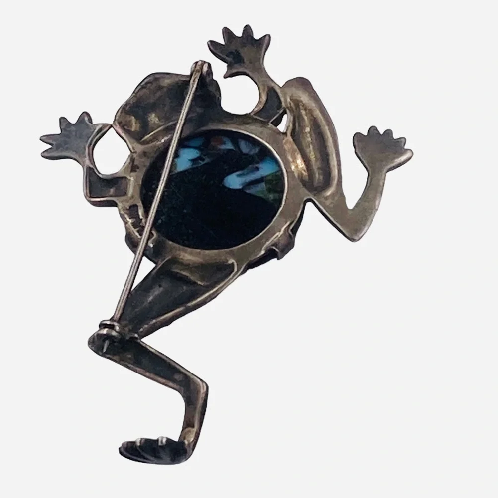 Mazer Sterling Art Glass Belly and Rhinestone Leaping Frog Brooch